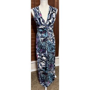 Zig Zag Stripe Maxi Dress sz M blue artsy print beach cruise vacation sleeveless